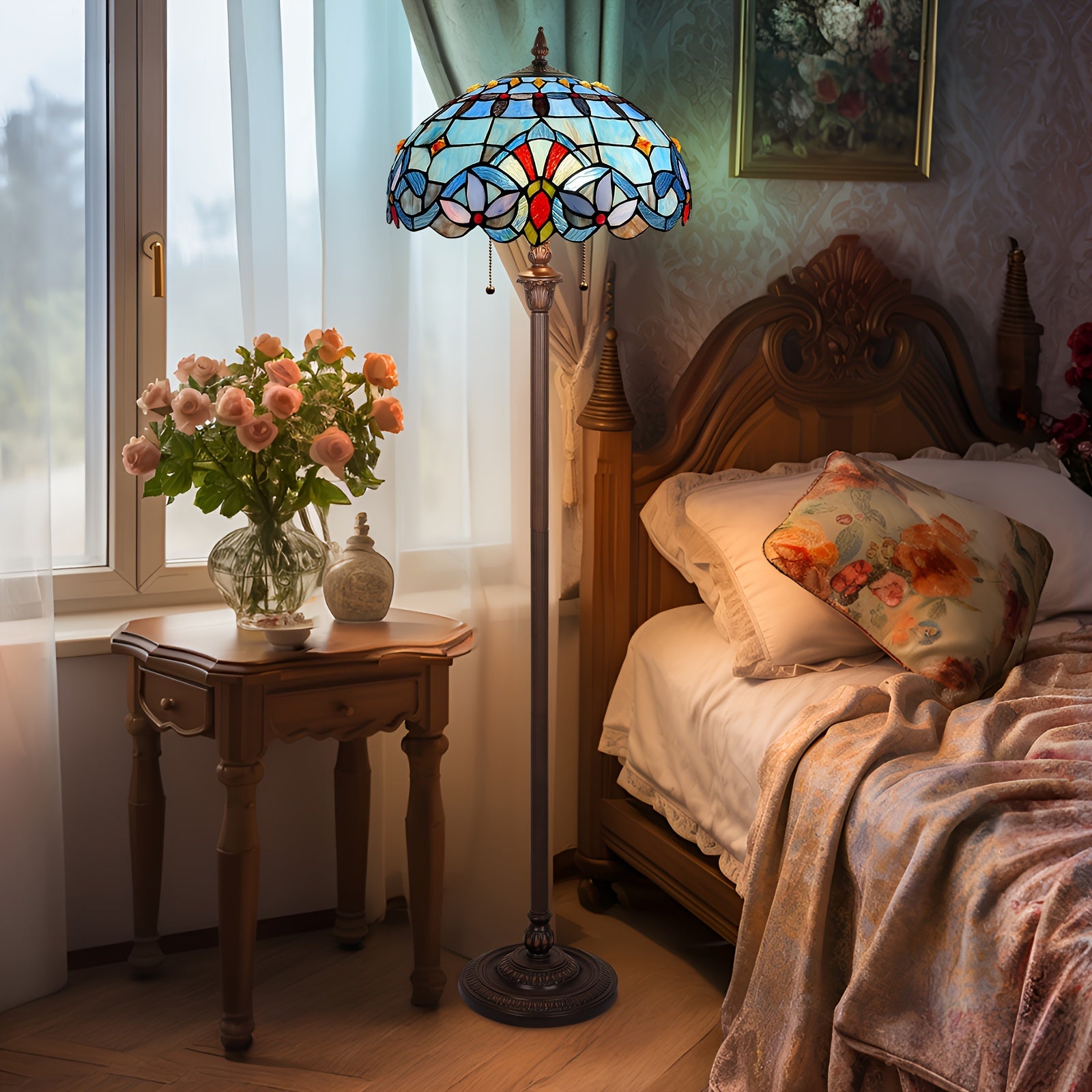 Satined Glass Floor Lamp 16X16X63 Inches Stained Glass Standing Reading Light 2-Light Mission Antique Style Pole Corner Lamp Classic Vintage Standing Lamp With Pull Chain Switch Adjustable Decor Bedroom Living Room Home Office