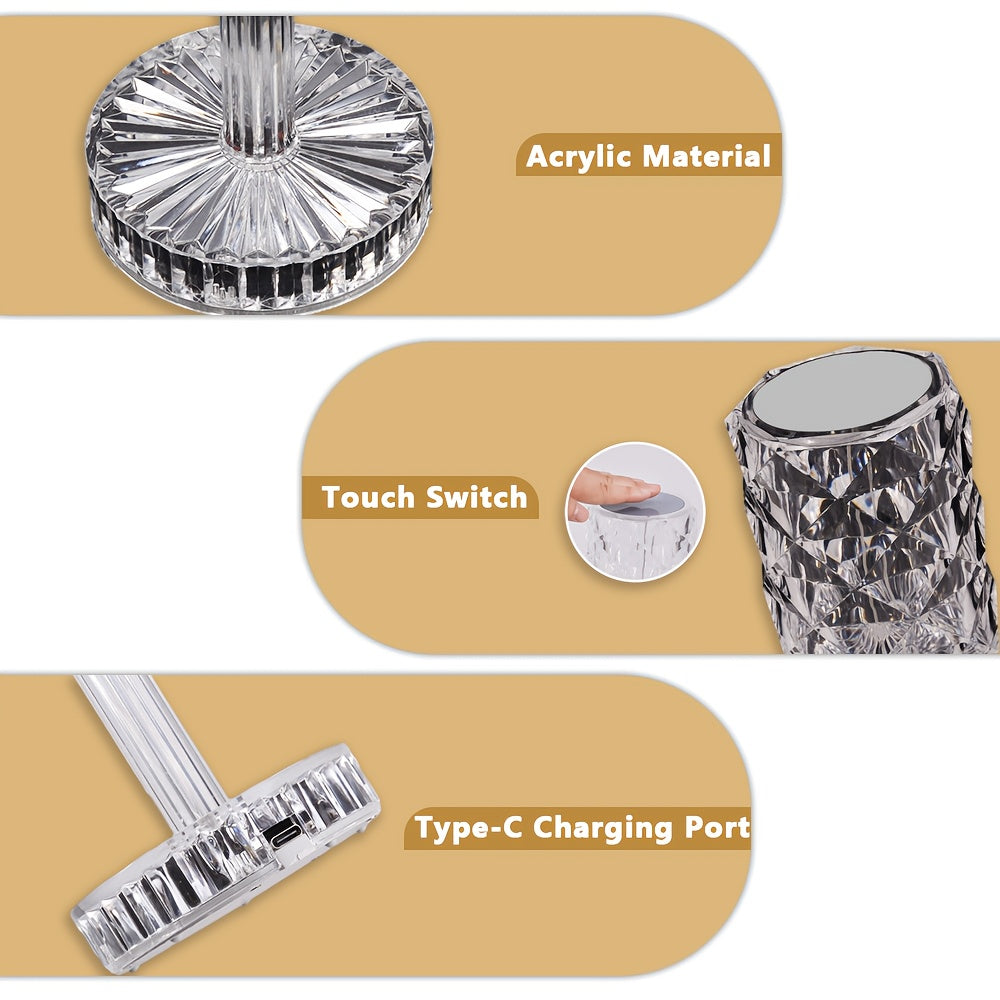 5Pack Portable Crystal Diamond Table Lamp, 16 Color Touch Control Rechargeable Lamp, Acrylic Modern Style Crystal Bedside Lamp, Wireless Night Light, 3-Levels Brightness Room Decor Desk Lamp