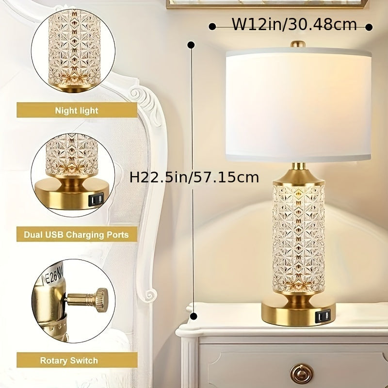 Set Of 2 Table Lamps with USB Ports, Modern Bedside Lamp with LED Night Light for Bedroom, Nightstand Lamps for Living Room Office (Gold)(2 Bulbs Include)