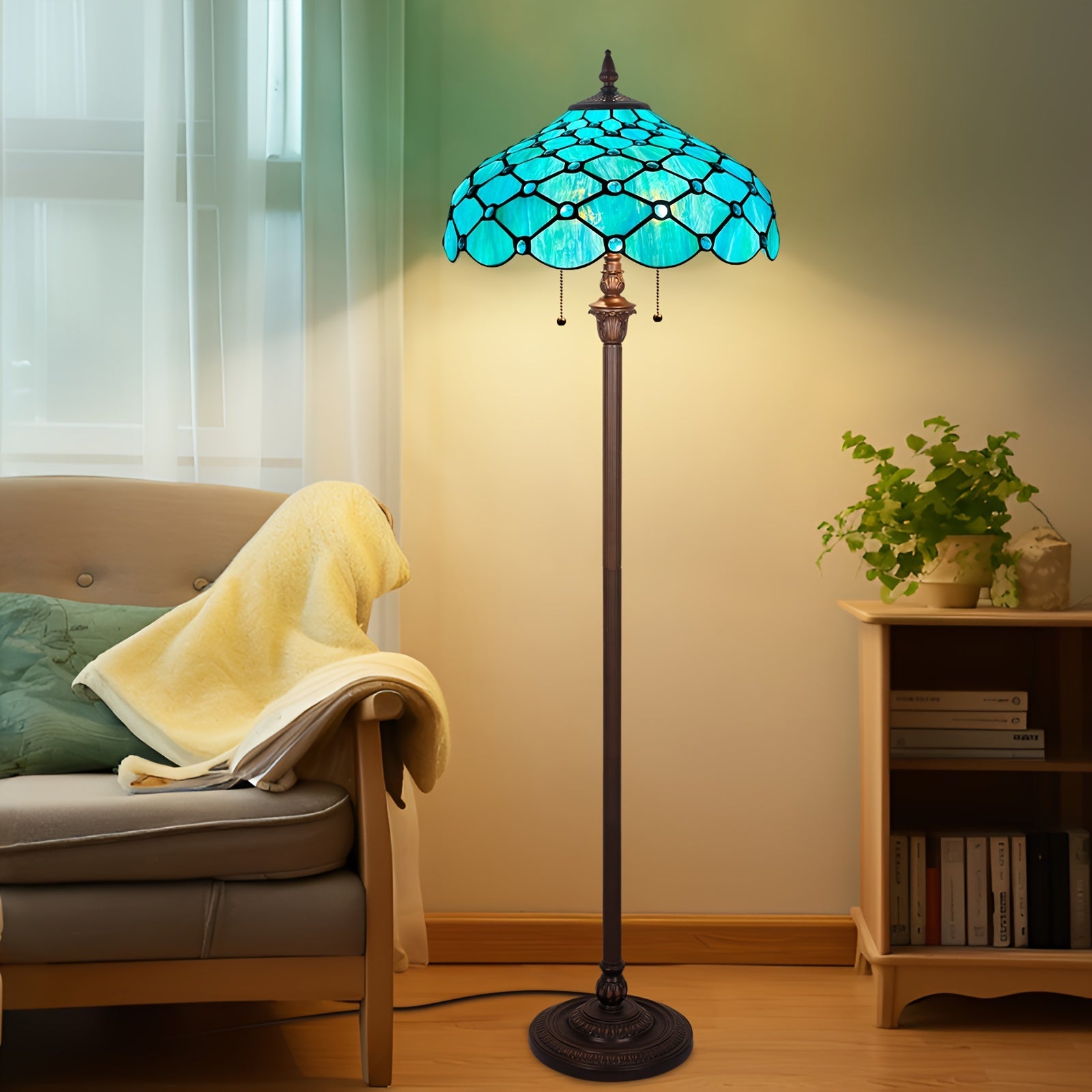 Satined Glass Floor Lamp 16X16X63 Inches Stained Glass Standing Reading Light 2-Light Mission Antique Style Pole Corner Lamp Classic Vintage Standing Lamp With Pull Chain Switch Adjustable Decor Bedroom Living Room Home Office