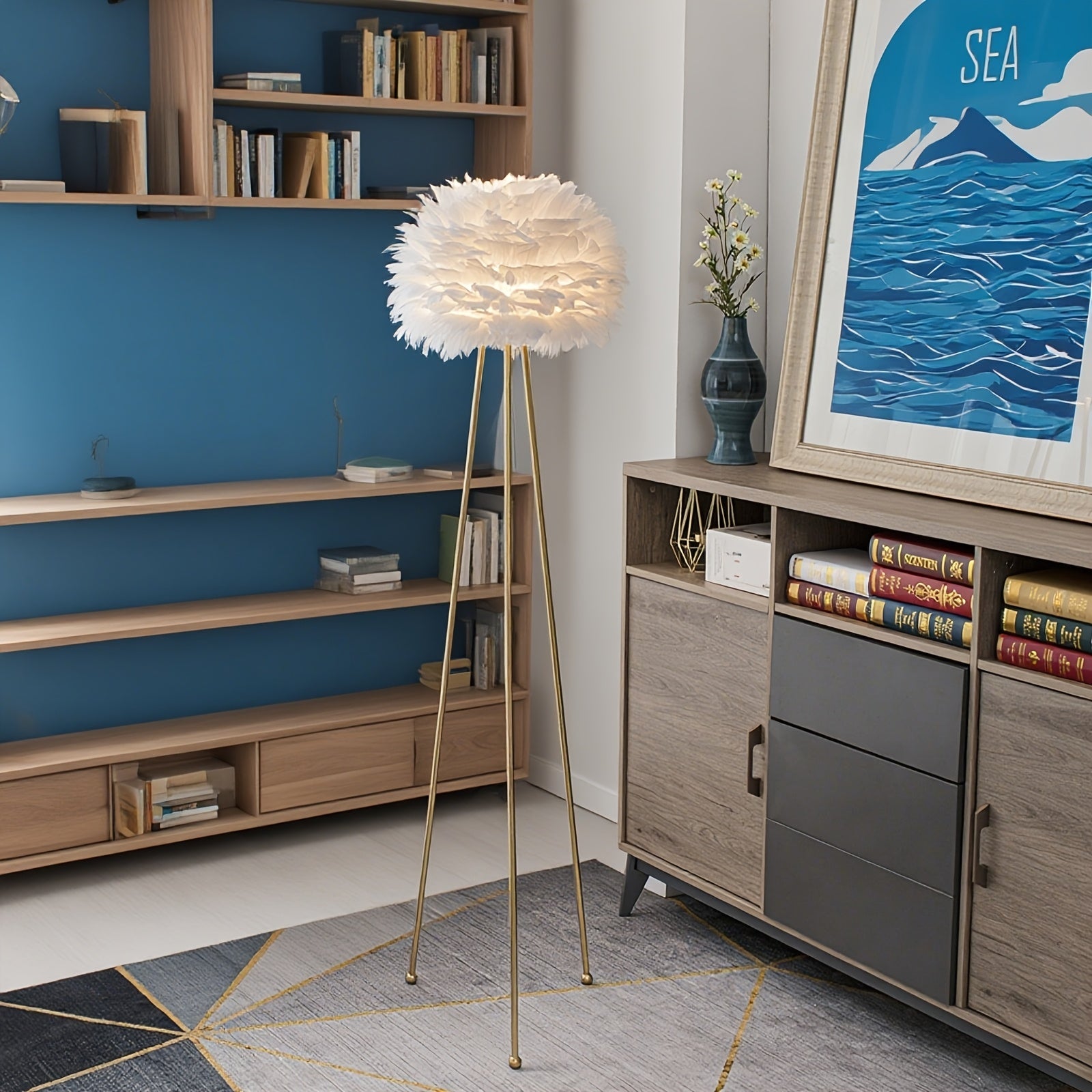 Feather Floor Lamp 60 Inches White Feather Floor Lamp | Pink Feather Lampshade, Classic Golden Tripod for Bedroom, Dining Room, Living Room, Study, Office