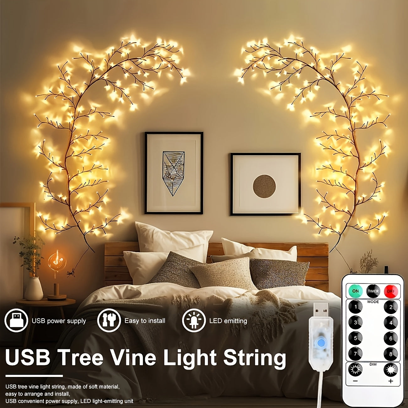 Wall Light Flexible Rattan Rattan Lamp, 96pcs LED Lamp Beads, 8 Modes Branch Lights, USB Power Supply Interior Decoration Atmosphere Light, Suitable for Bedroom, Living Room, Party, Festival, Christmas, Birthday Gifts Very Suitable As Christmas Gifts