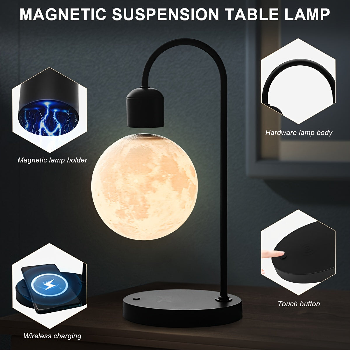 1pc Magnetic Floating Moon Lamp, Table Lamp, Desk Lamp, 15w Wireless Phone Charger, 3-color Adjustable, 3D Moon Light Touch Control, Floating, Atmosphere Night Light, Christmas, Holiday Or Birthday Gift