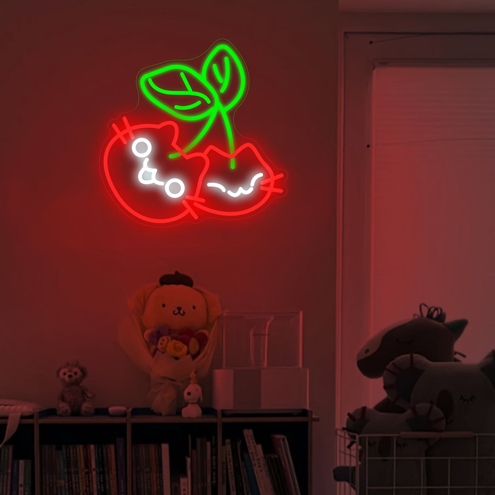 Cherry Cat Neon Light Cute Cherry Cat Neon Light Wall Decor - LED Bedroom, Living Room, Office Decoration - USB-Powered Night Light with Switch Control - Perfect Gift for Cat Lovers (Red & Neon Green Accents), Cat Decor, Playful Design, Polished Finish, P