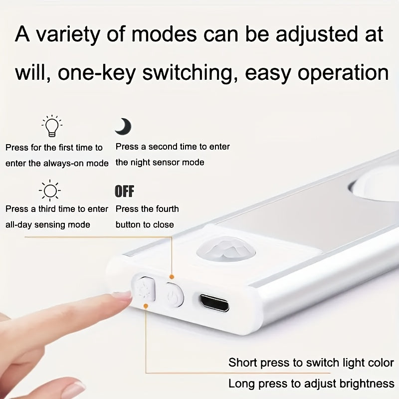 1pc Intelligent Human Body Sensing Light, Sports Sensing Light, Strip Light with Small Night Light, USB Rechargeable And Dimmable Three Color LED Light, Wireless Kitchen Wardrobe, Cabinet, Shoe Cabinet, Bedroom, Small Hill Light