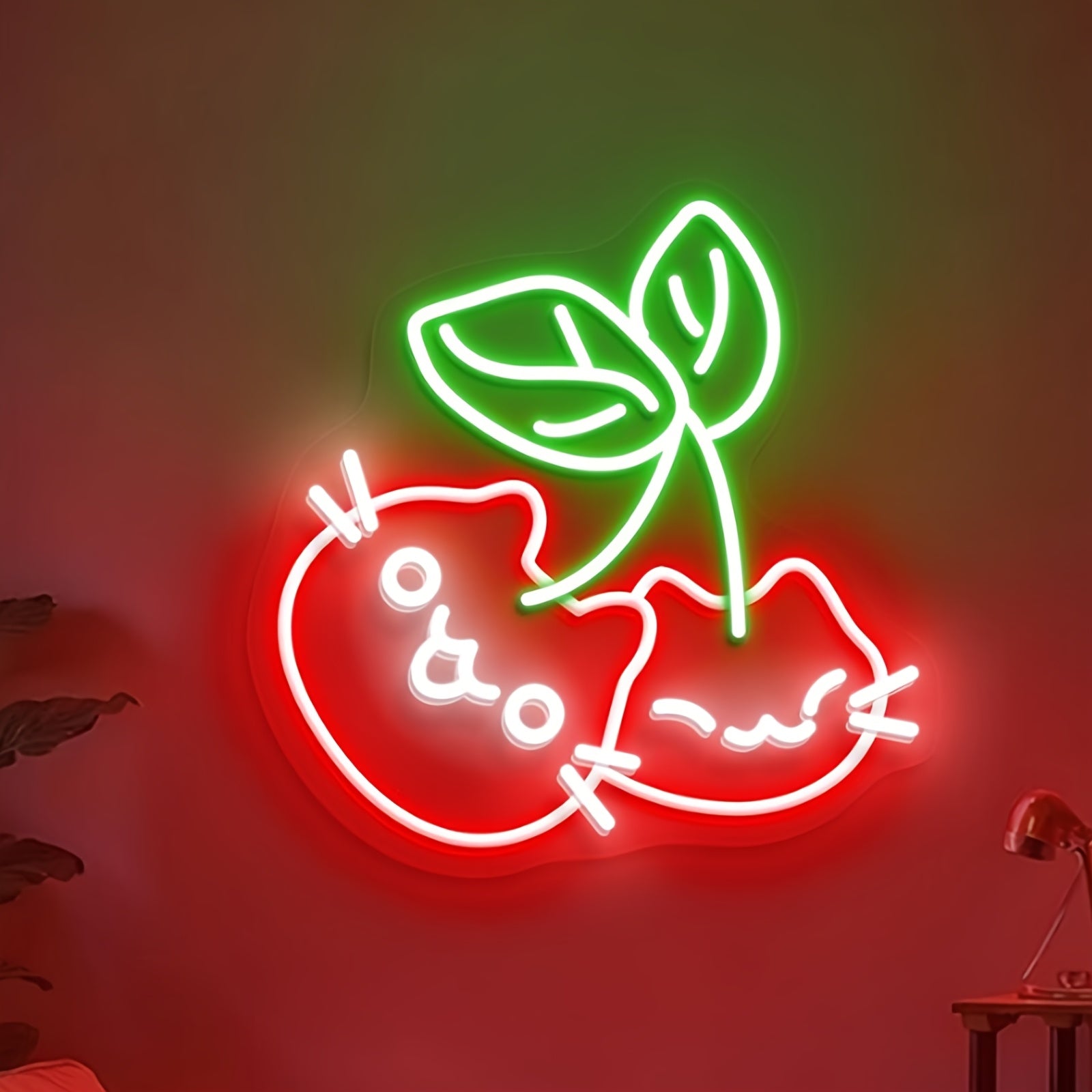 Cherry Cat Neon Light Cute Cherry Cat Neon Light Wall Decor - LED Bedroom, Living Room, Office Decoration - USB-Powered Night Light with Switch Control - Perfect Gift for Cat Lovers (Red & Neon Green Accents), Cat Decor, Playful Design, Polished Finish, P