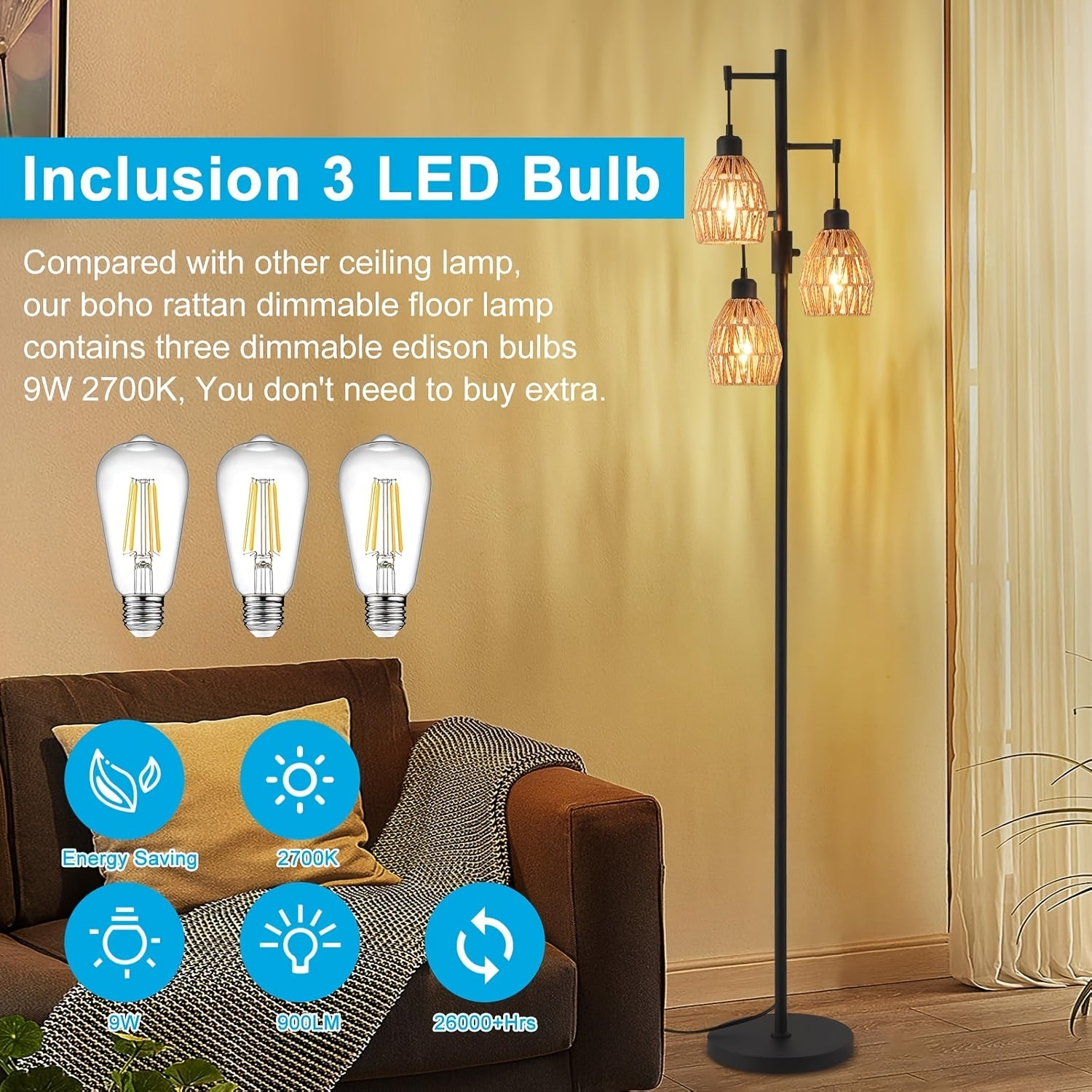 Boho Rattan Tree Floor Lamp, Dimmable Floor Lamp With 3-Bulb Lamp, Modern Lighting For Living Room Bedroom Leisure Area And Rest Room Adjustable Arm Standing Lamp With Sleek Metal Body, Soft Warm Lighting For Home