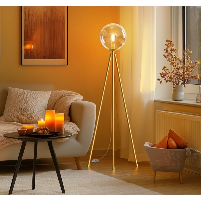 65-inch Modern Glass-shaded Tripod Floor Lamp, A Golden Standing LED Bulb Lamp for The Living Room, Featuring A Stable Tripod Base And Flexible Light Control, Suitable for Living Rooms, Bedrooms, Studies, And Offices.