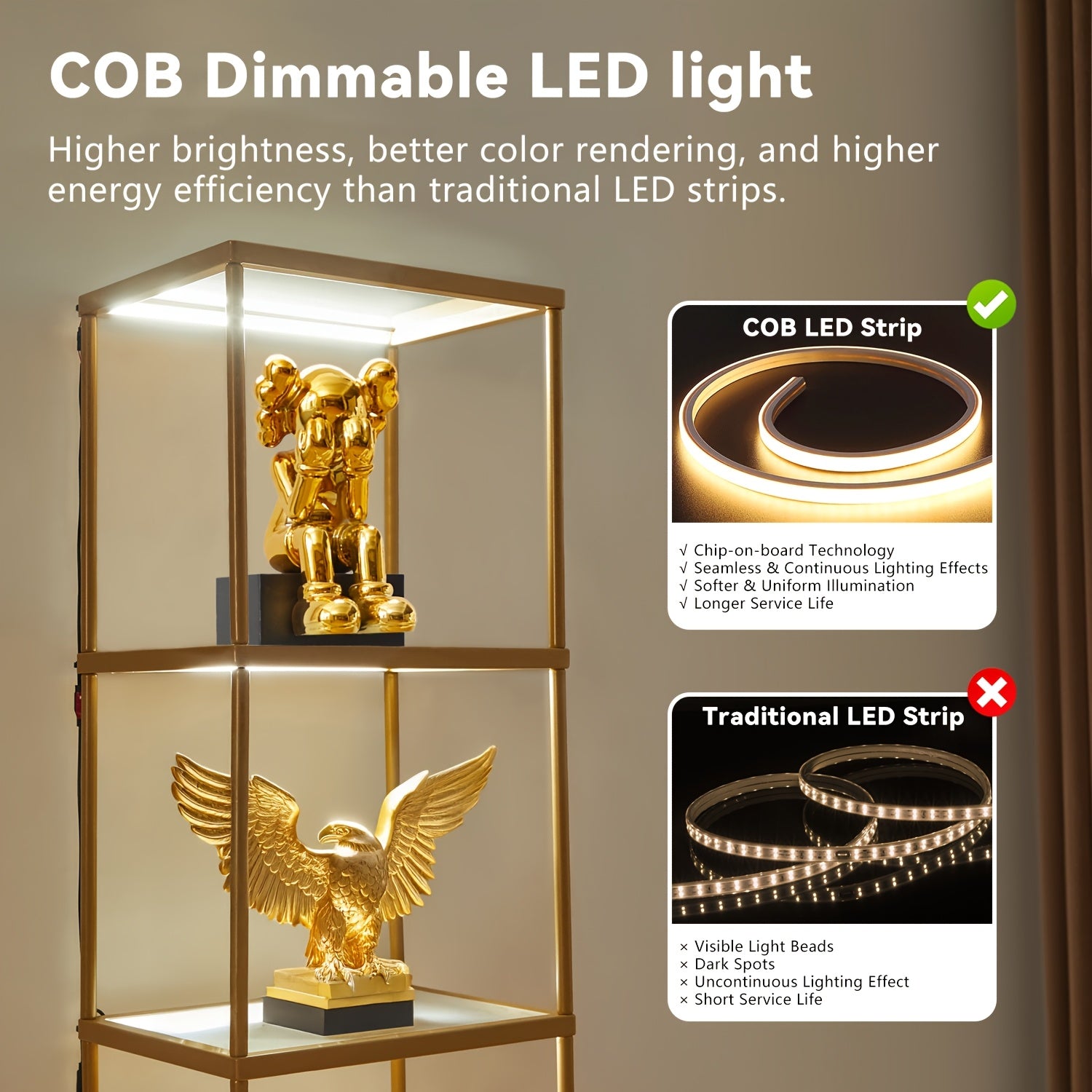 Office Bookshelf Storage, LED Floor Lamp, Golden Bookcase, Lamp Slim Shelving Unit with Tempered Frosted Glass & Dimmable LED Lights