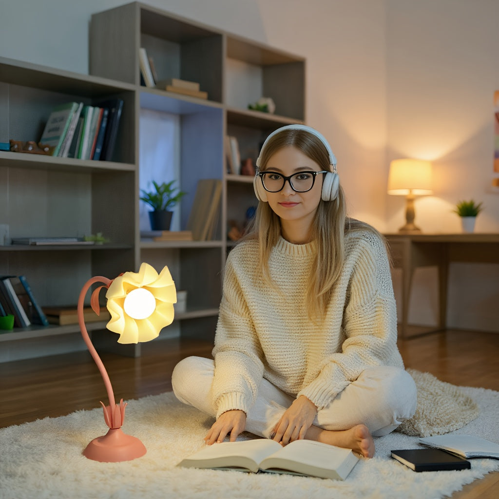 Flower Shape RGB Table Lamp Remote Control, Rechargeable, Adjustable Design For Bedroom, Living Room, Desk, Mood Lighting