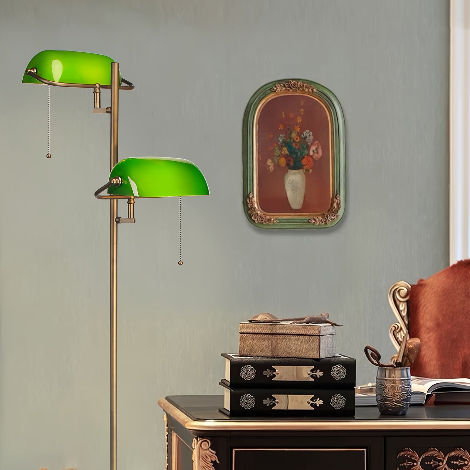 Green Glass Bankers Floor Lamp Classic Vintage Standing Lamp with Pull Chain Switch Adjustable Arm Reading Floor Light for Bedroom Headboard Workplace Office Piano Style Lamp(Without Bulb)