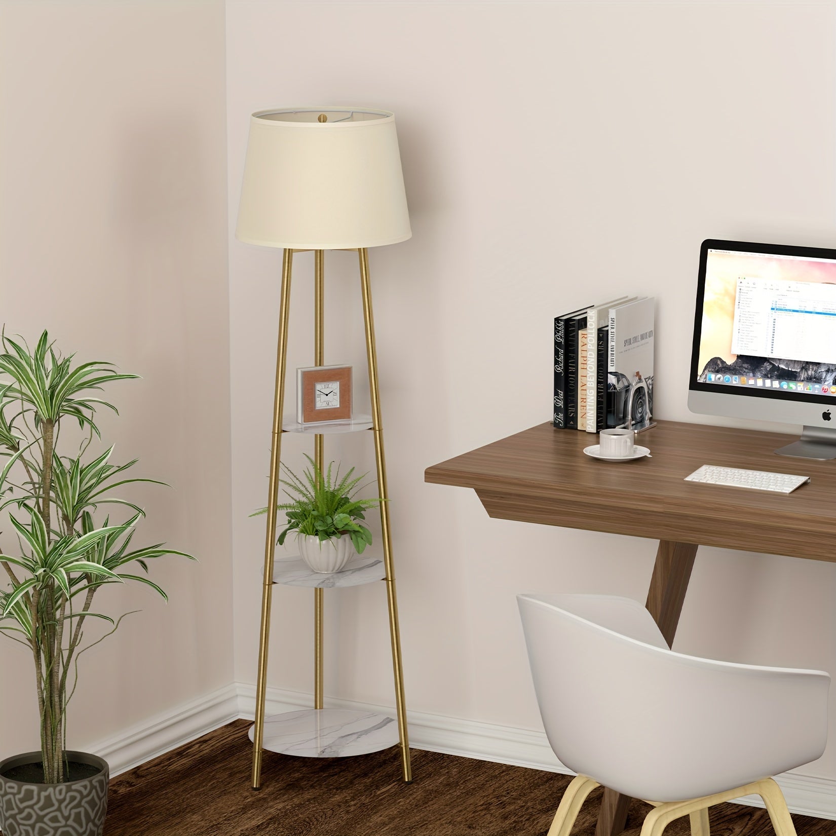 Minimalist Decor Elegant 3-Tier Tripod Floor Lamp with Shelves - Golden Metal Frame & Faux Marble Display, Warm Beige Light Shade for Living Room, Bedroom, Office Decor, Bedroom Floor Lamp | Elegant Home Accessory | Faux Marble Shelves, Living Room Lamp