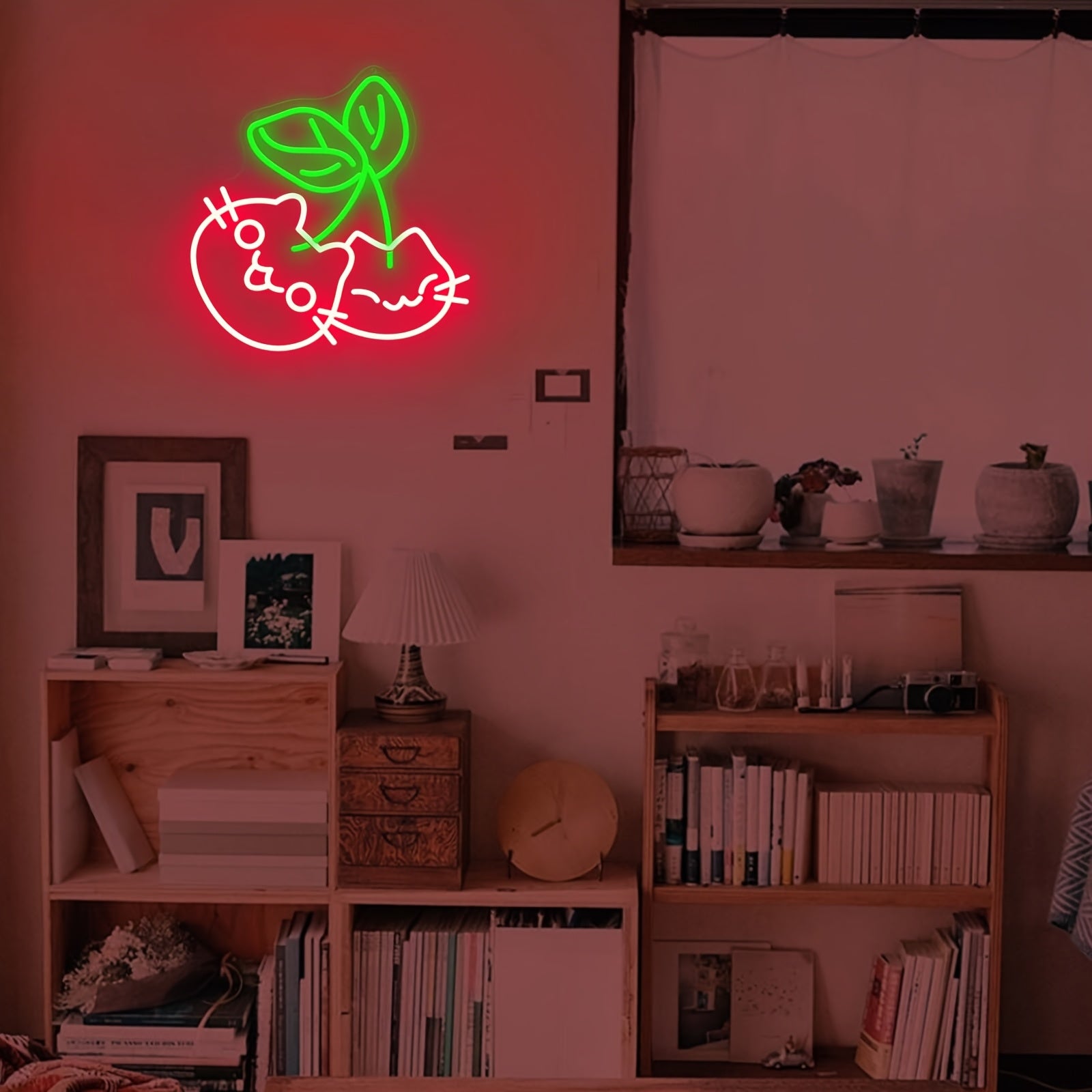 Cherry Cat Neon Light Cute Cherry Cat Neon Light Wall Decor - LED Bedroom, Living Room, Office Decoration - USB-Powered Night Light with Switch Control - Perfect Gift for Cat Lovers (Red & Neon Green Accents), Cat Decor, Playful Design, Polished Finish, P