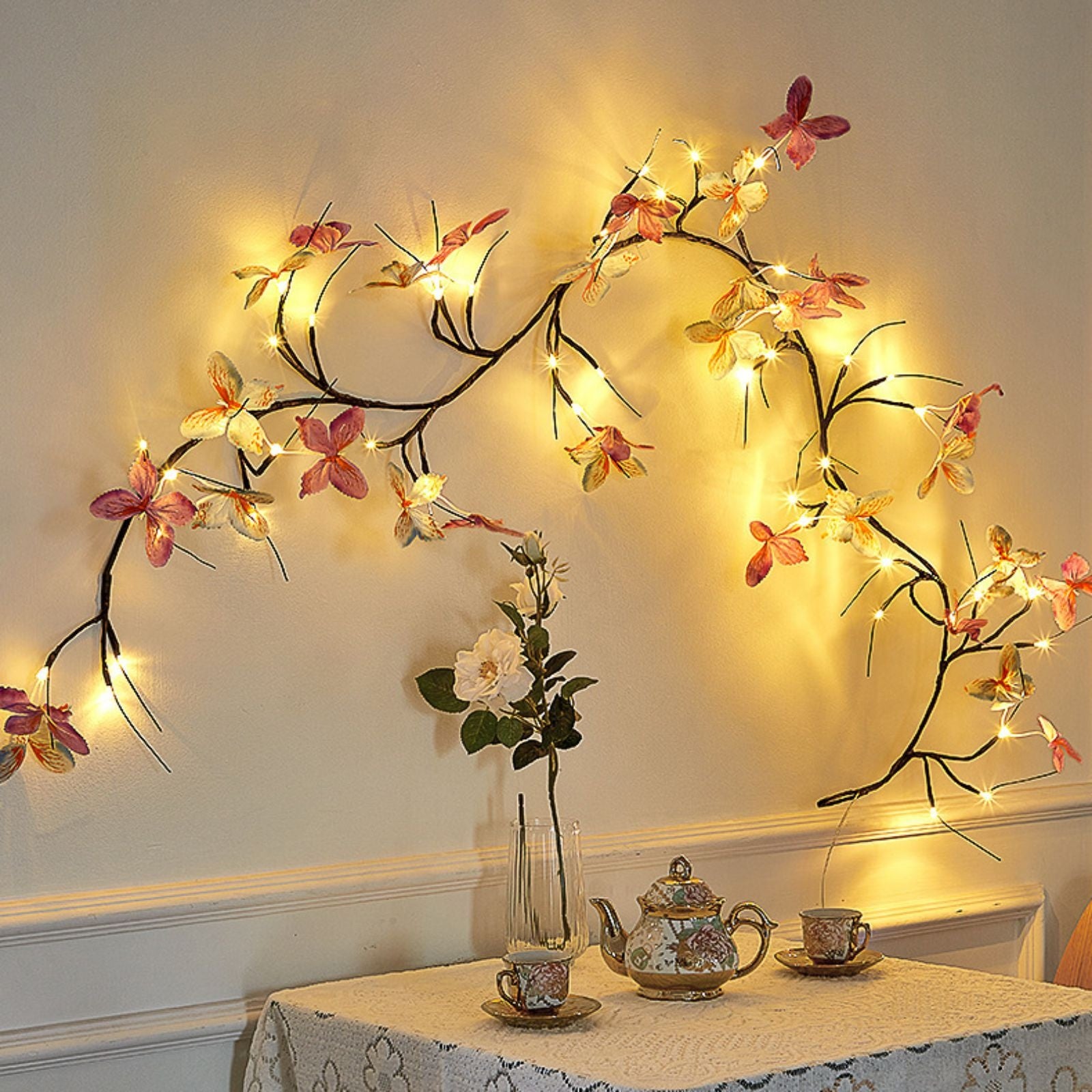 1pc 1.2M 48 Led\u002F1.6M 72 Led Romantic Butterfly Decoration Bendable Modeling Rattan Fairy Lights With Remote Control, Home Wedding Mother'S Day Valentine'S Day Party Bedroom Living Room Wall Decoration Modeling Light, Outdoor Tree Branch Ambient Light