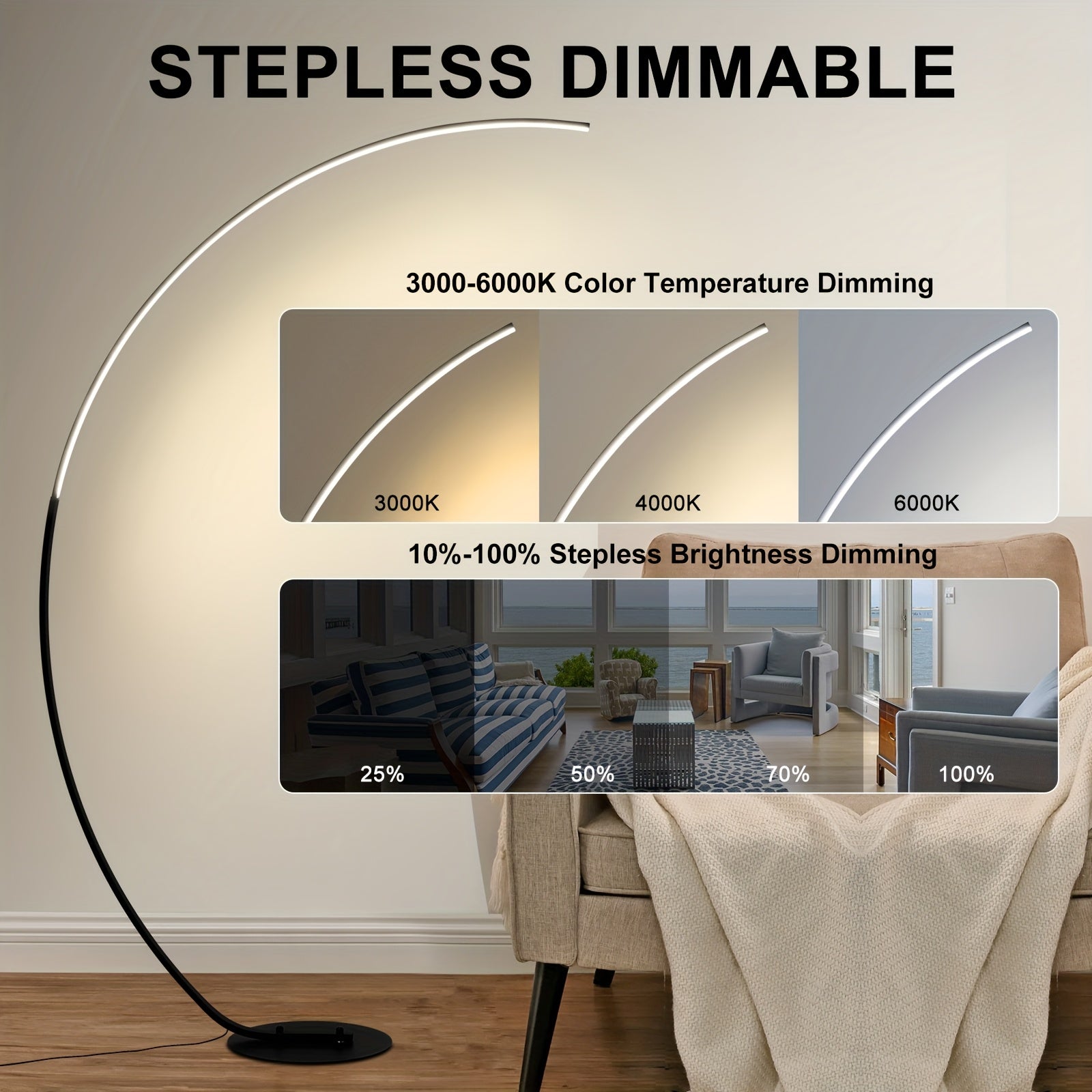 65 Inch Arched Floor Lamp With Remote, Modern Floor Lamp With 3 Color Temperatures Dimmable Black LED Color Changing Curved Ambient Lighting For Bedroom And Living Room
