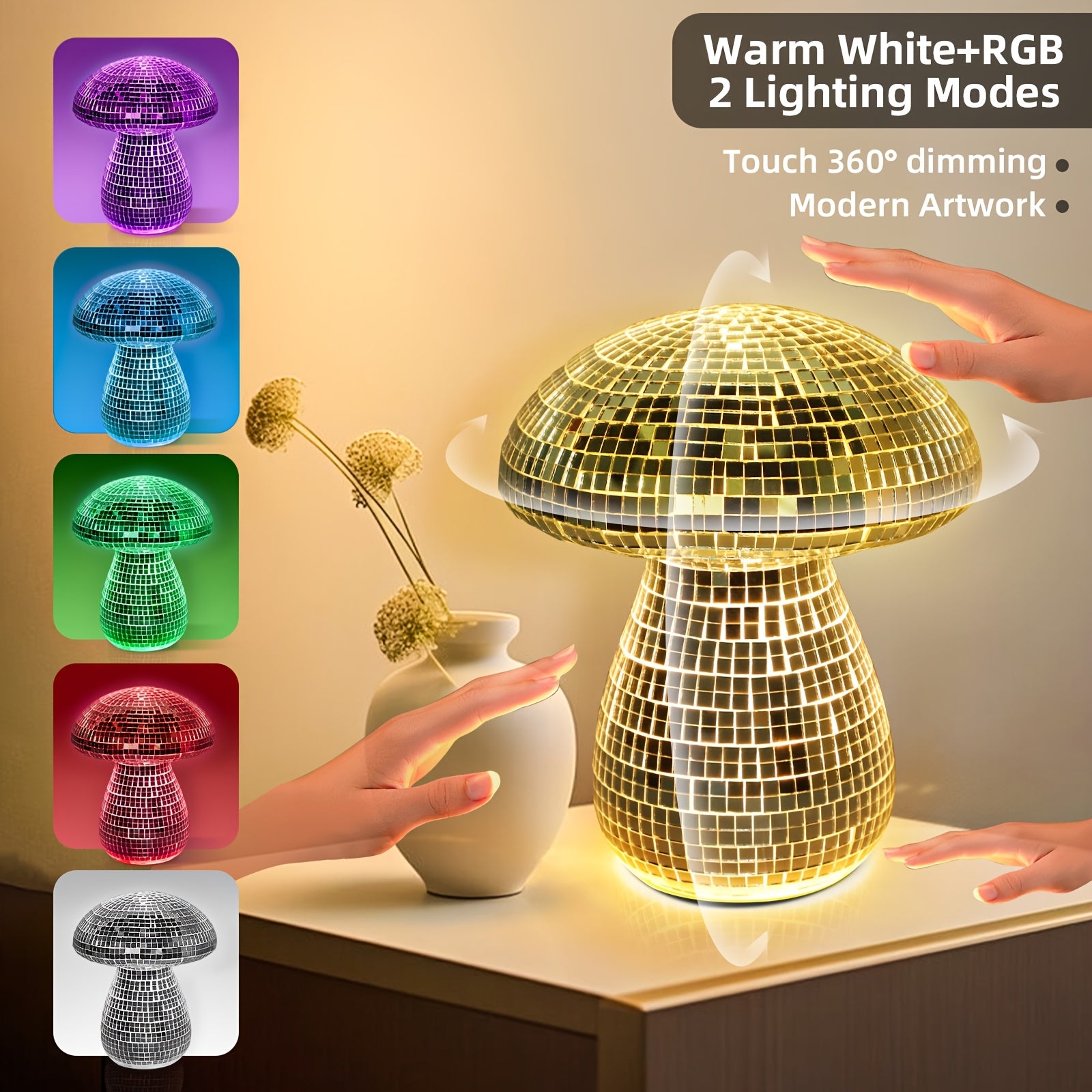 Silver Mushroom Lamp, Rechargeable Mushroom Lamp Cordless Touch Lamp, 7 Colors, 2 Modes RGB & Warm White Lighting Nightstand Lamp Mushroom Night Lights Ambient Lighting Aesthetic Room Decor