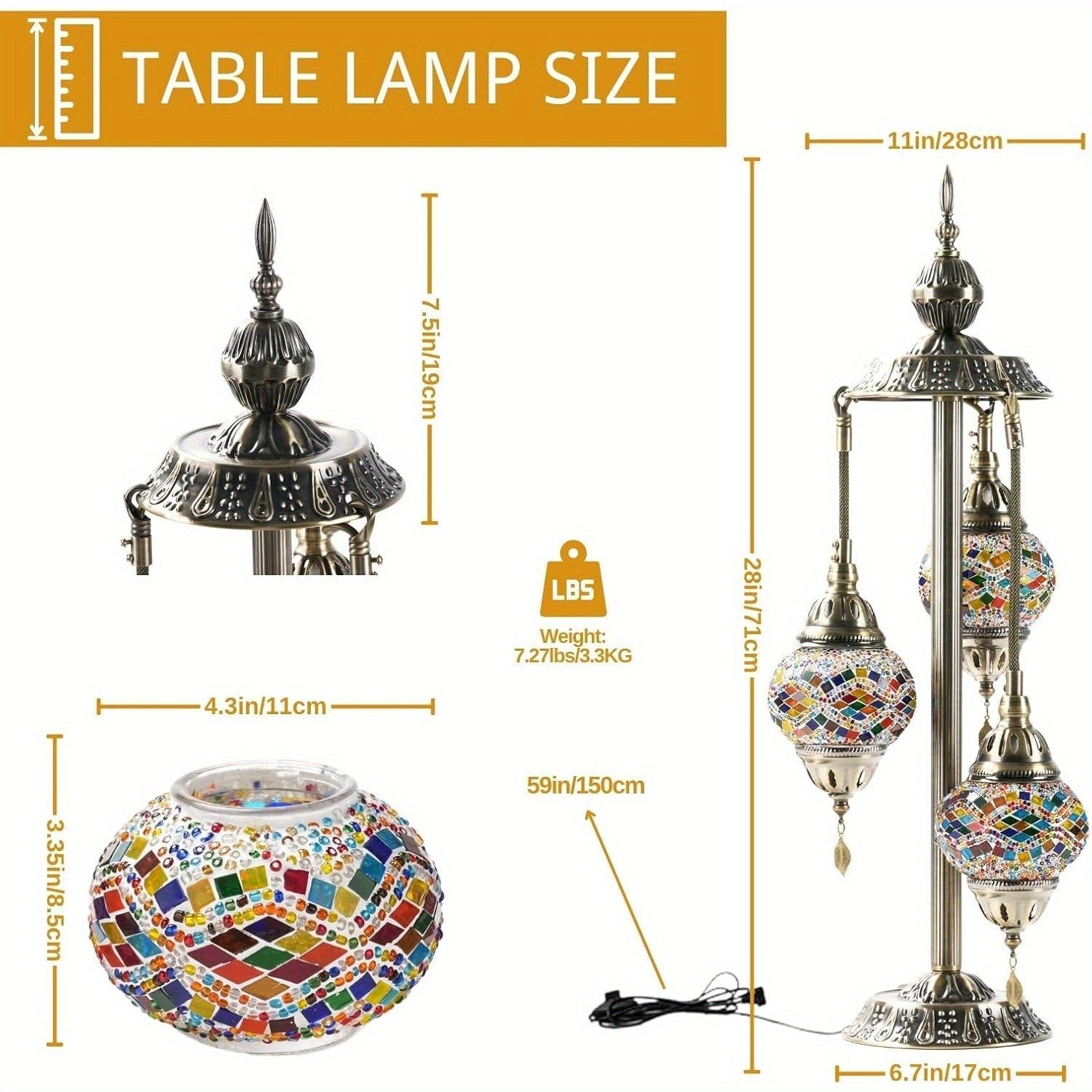 3 Ball Turkish Moroccan Table Lamp, Handmade Mosaic Glass, Bohemian Style, Metal Base, Colorful Atmosphere Light, Suitable for Living Room And Bedroom, with LED Bulb