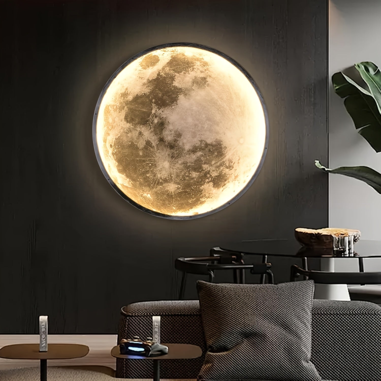 Large Moon Wall Sconce Plug In Modern LED Dimmable Wall Light With Remote Control 23.6 Inch 31W Black Wall Lamp Indoor Wall Mounted Lighting Ceiling Light For Living Room Bedroom