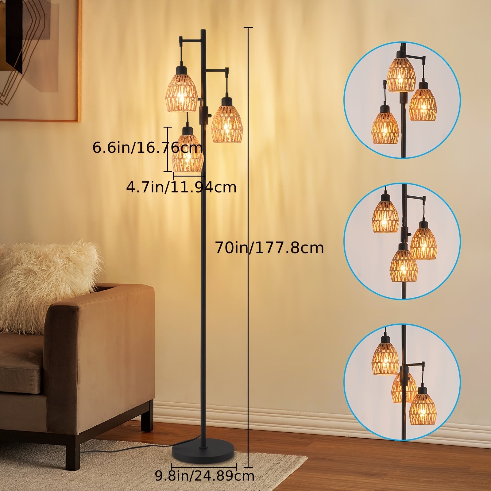 Boho Rattan Tree Floor Lamp, Dimmable Floor Lamp With 3-Bulb Lamp, Modern Lighting For Living Room Bedroom Leisure Area And Rest Room Adjustable Arm Standing Lamp With Sleek Metal Body, Soft Warm Lighting For Home