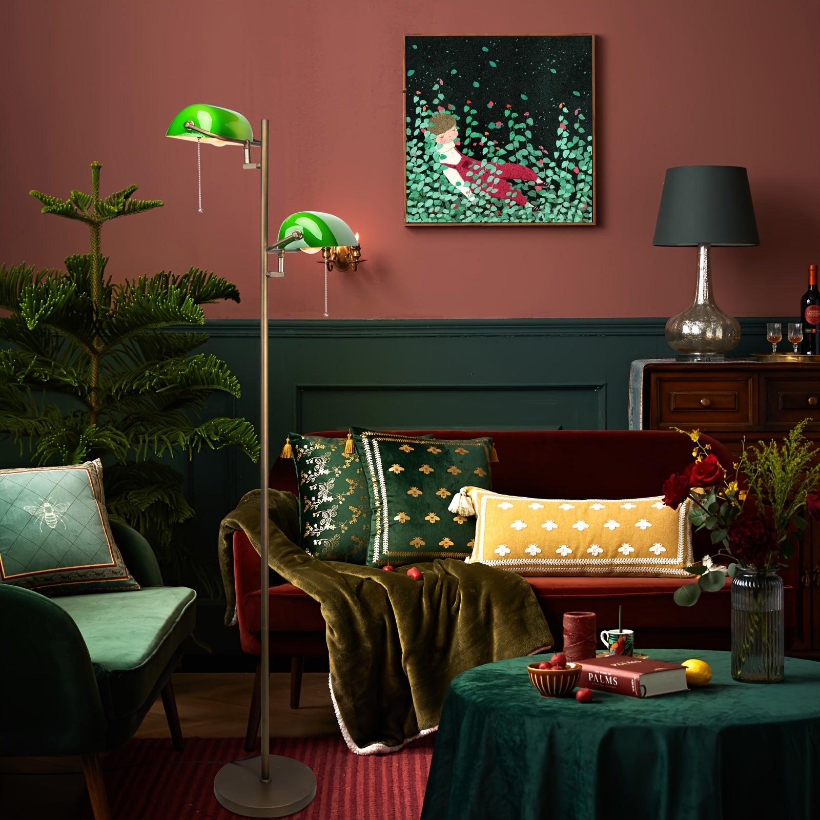 Green Glass Bankers Floor Lamp Classic Vintage Standing Lamp with Pull Chain Switch Adjustable Arm Reading Floor Light for Bedroom Headboard Workplace Office Piano Style Lamp(Without Bulb)