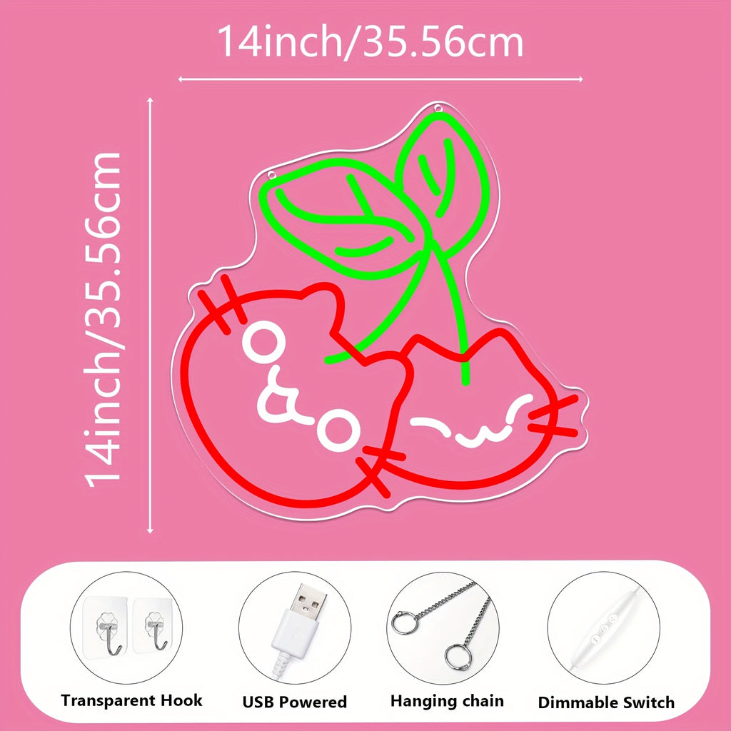 Cherry Cat Neon Light Cute Cherry Cat Neon Light Wall Decor - LED Bedroom, Living Room, Office Decoration - USB-Powered Night Light with Switch Control - Perfect Gift for Cat Lovers (Red & Neon Green Accents), Cat Decor, Playful Design, Polished Finish, P