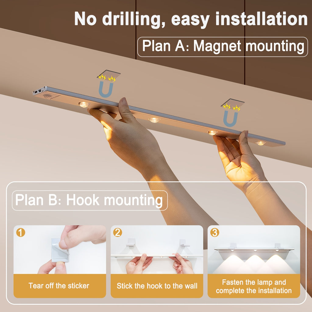 1pc Intelligent Human Body Sensing Light, Sports Sensing Light, Strip Light with Small Night Light, USB Rechargeable And Dimmable Three Color LED Light, Wireless Kitchen Wardrobe, Cabinet, Shoe Cabinet, Bedroom, Small Hill Light