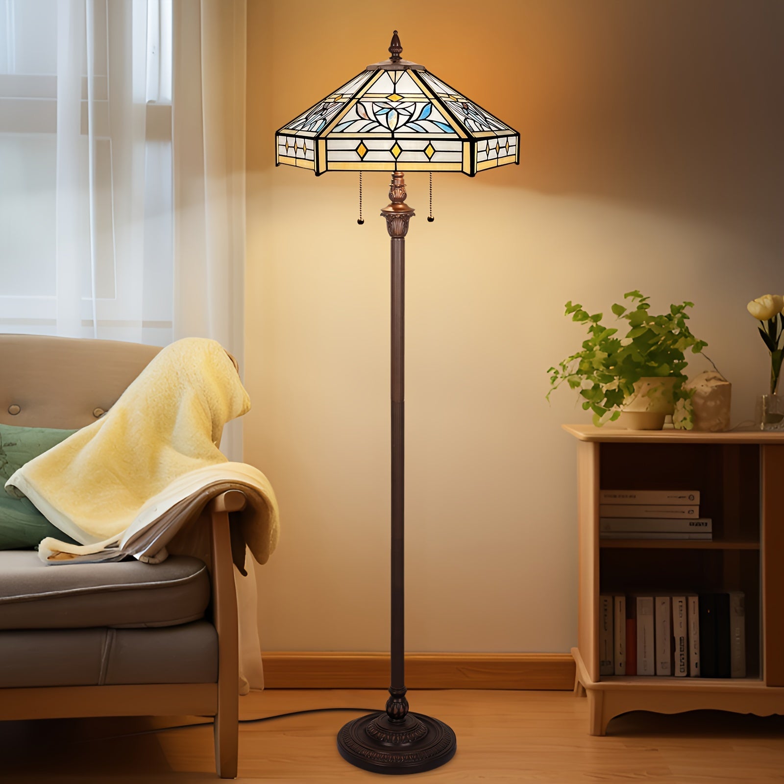 Satined Glass Floor Lamp 16X16X63 Inches Stained Glass Standing Reading Light 2-Light Mission Antique Style Pole Corner Lamp Classic Vintage Standing Lamp With Pull Chain Switch Adjustable Decor Bedroom Living Room Home Office