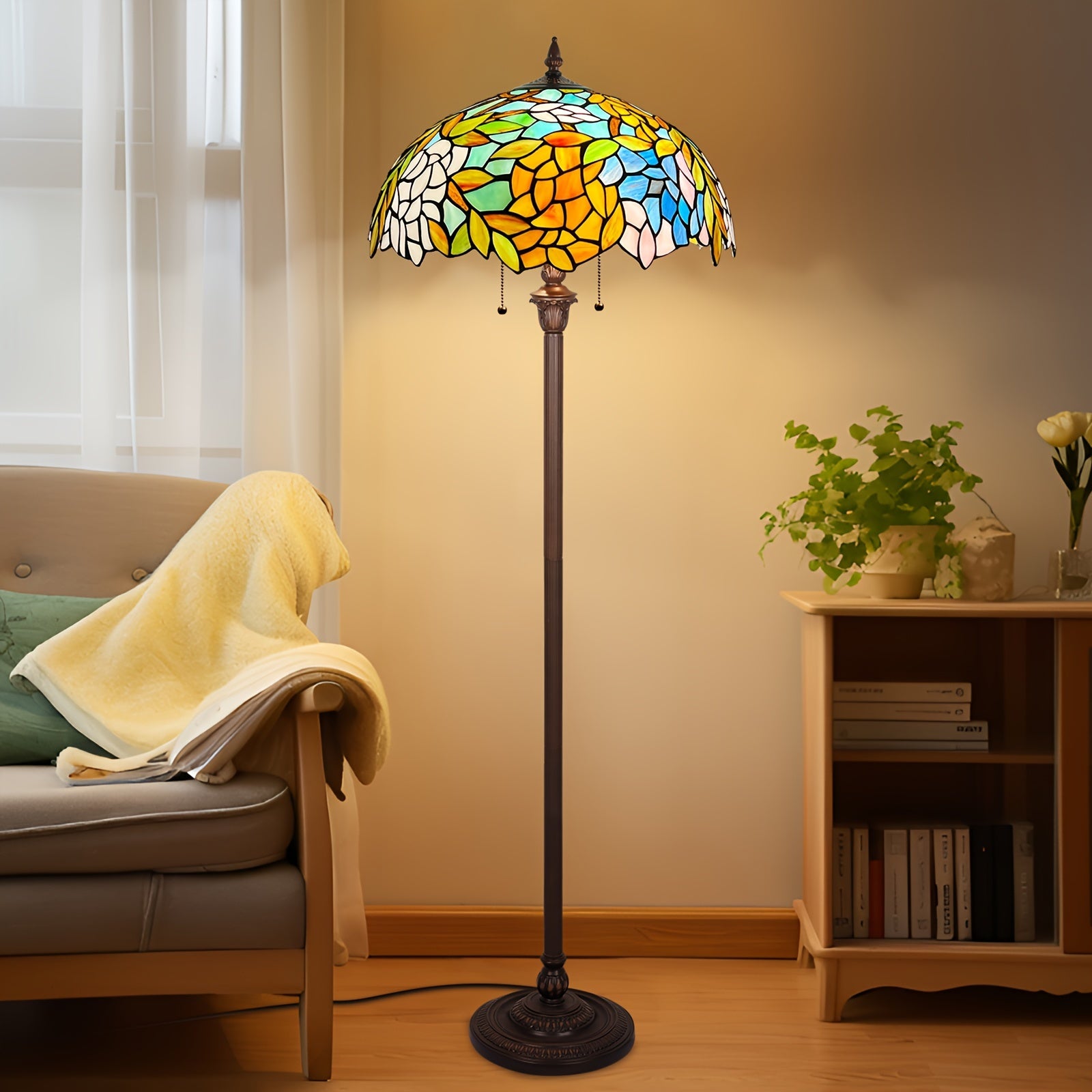 Satined Glass Floor Lamp 16X16X63 Inches Stained Glass Standing Reading Light 2-Light Mission Antique Style Pole Corner Lamp Classic Vintage Standing Lamp With Pull Chain Switch Adjustable Decor Bedroom Living Room Home Office