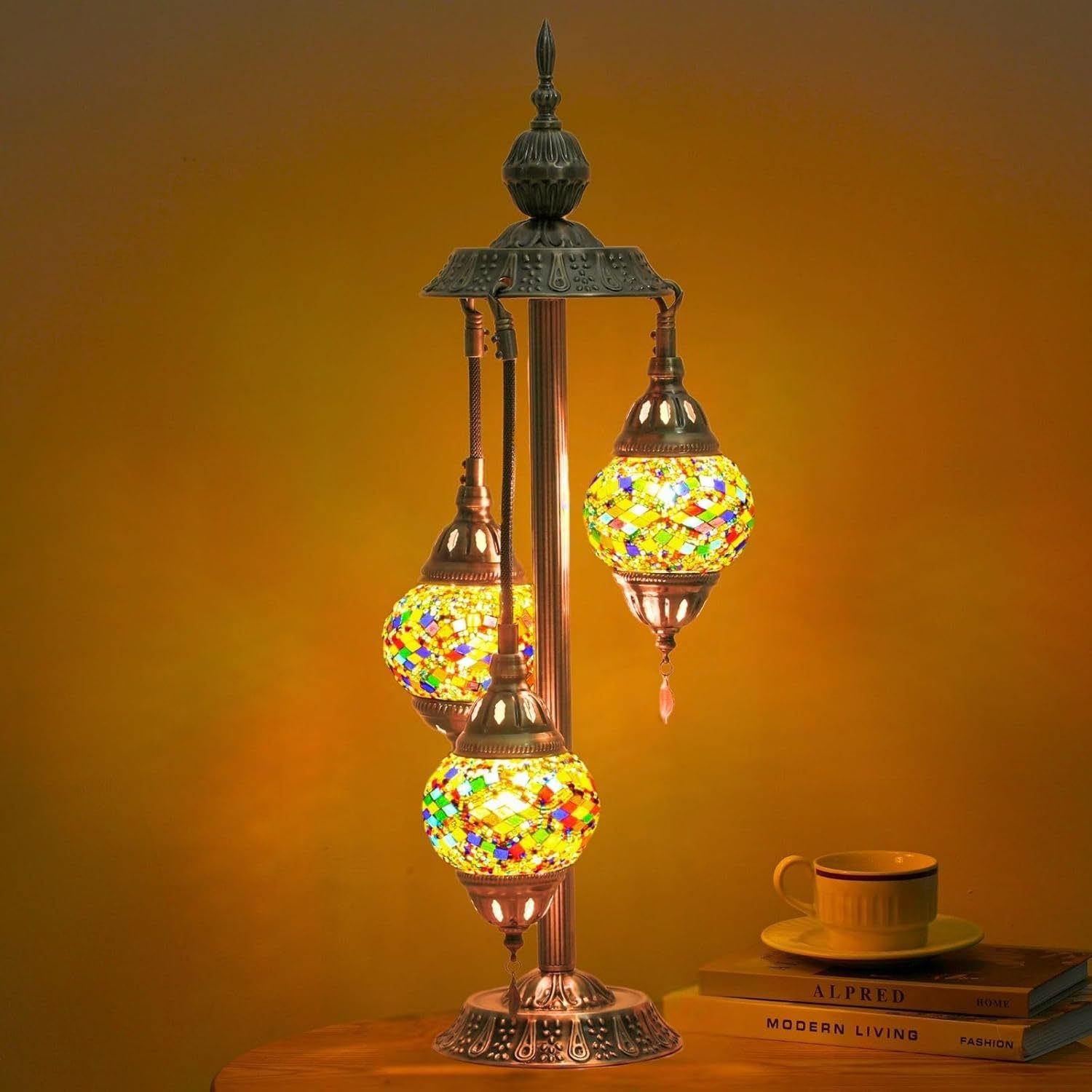 3 Ball Turkish Moroccan Table Lamp, Handmade Mosaic Glass, Bohemian Style, Metal Base, Colorful Atmosphere Light, Suitable for Living Room And Bedroom, with LED Bulb