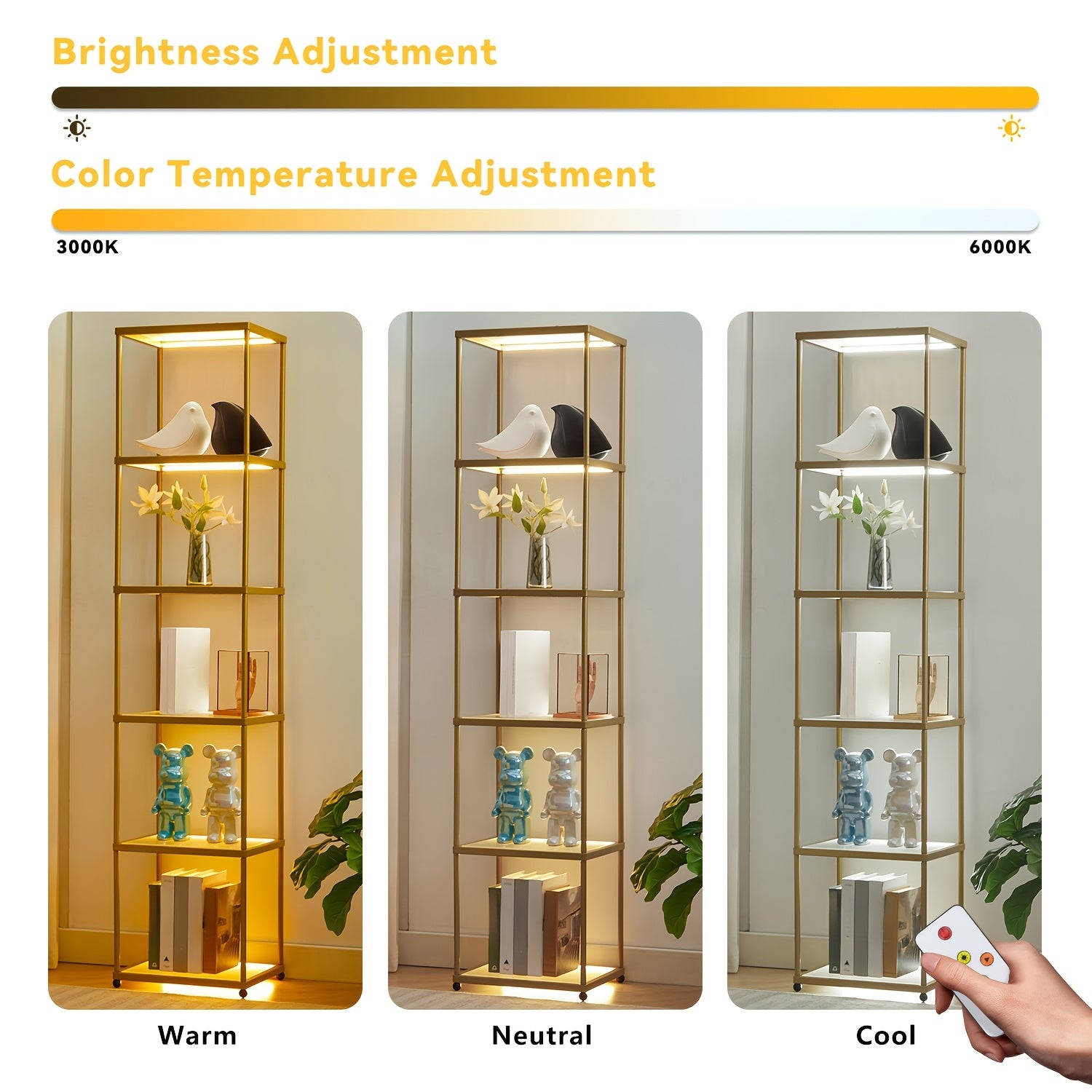 Office Bookshelf Storage, LED Floor Lamp, Golden Bookcase, Lamp Slim Shelving Unit with Tempered Frosted Glass & Dimmable LED Lights