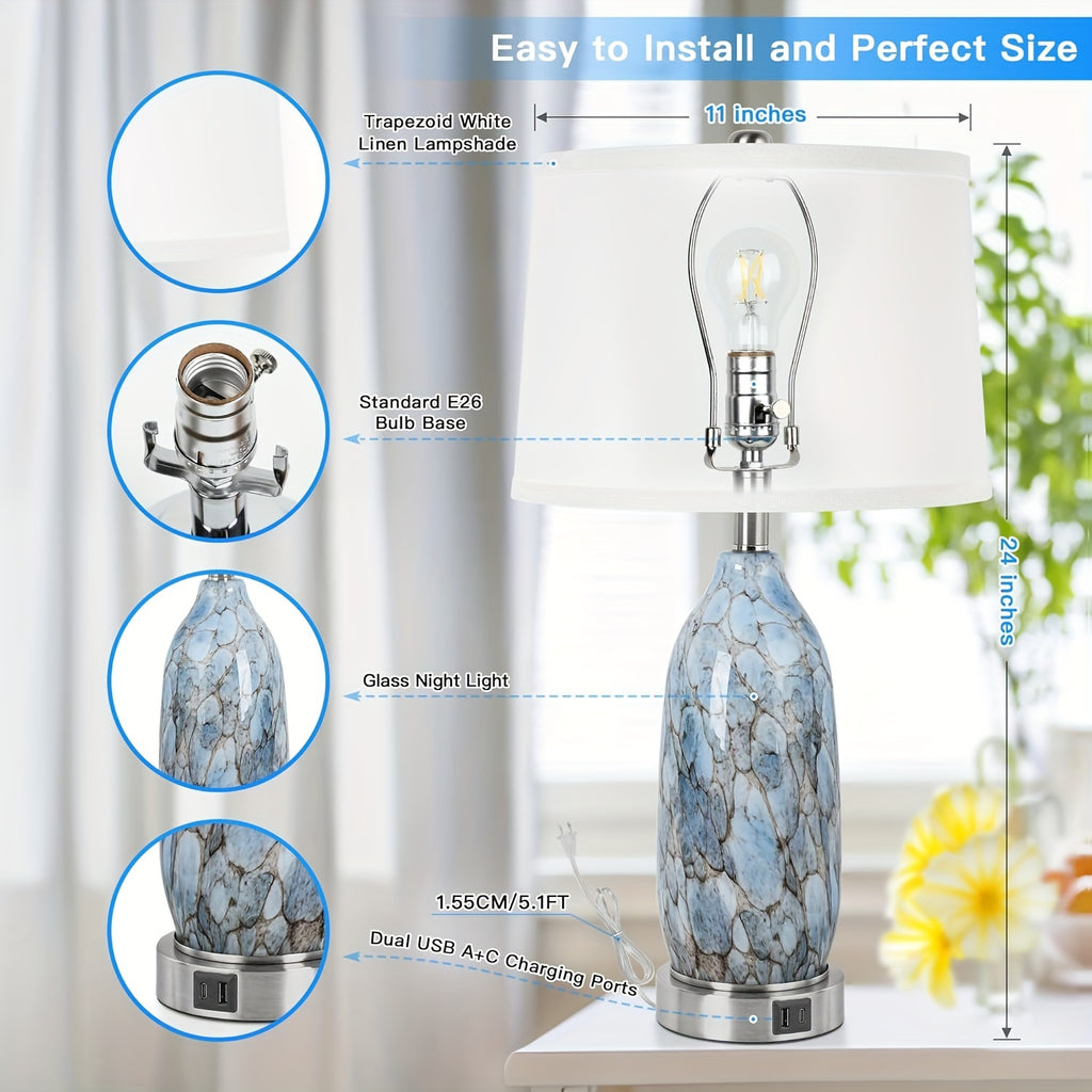 Set of 2 Table Lamps with LED Night Light, 24 inch Unique Nightstand Lamps with Upgraded USB A+C Charging Ports, Blue Bedside Lamps for Bedroom, Livingroom End Table, Nursery Room