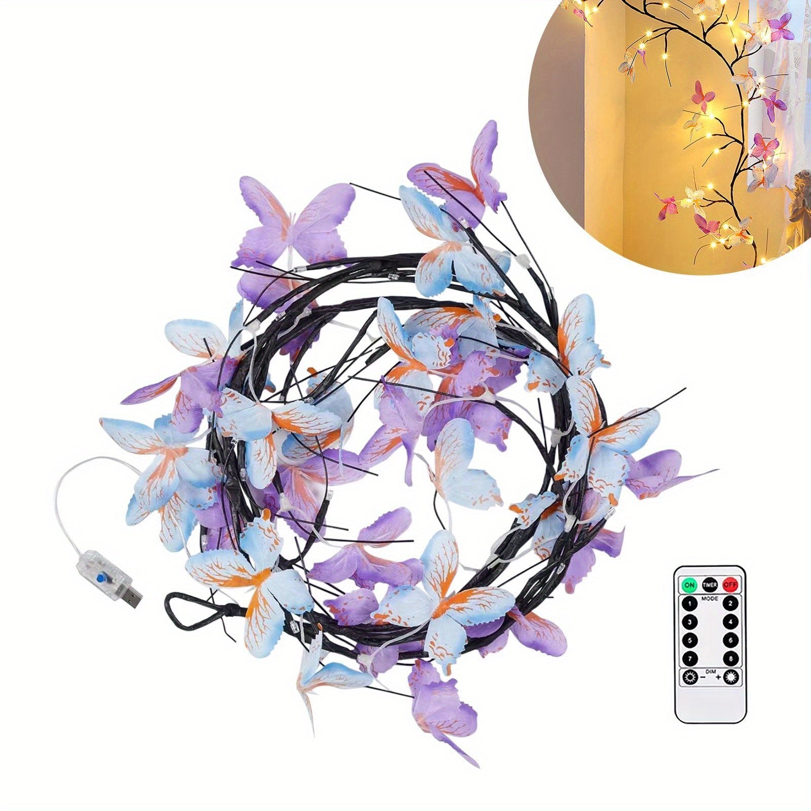 1pc 1.2M 48 Led\u002F1.6M 72 Led Romantic Butterfly Decoration Bendable Modeling Rattan Fairy Lights With Remote Control, Home Wedding Mother'S Day Valentine'S Day Party Bedroom Living Room Wall Decoration Modeling Light, Outdoor Tree Branch Ambient Light