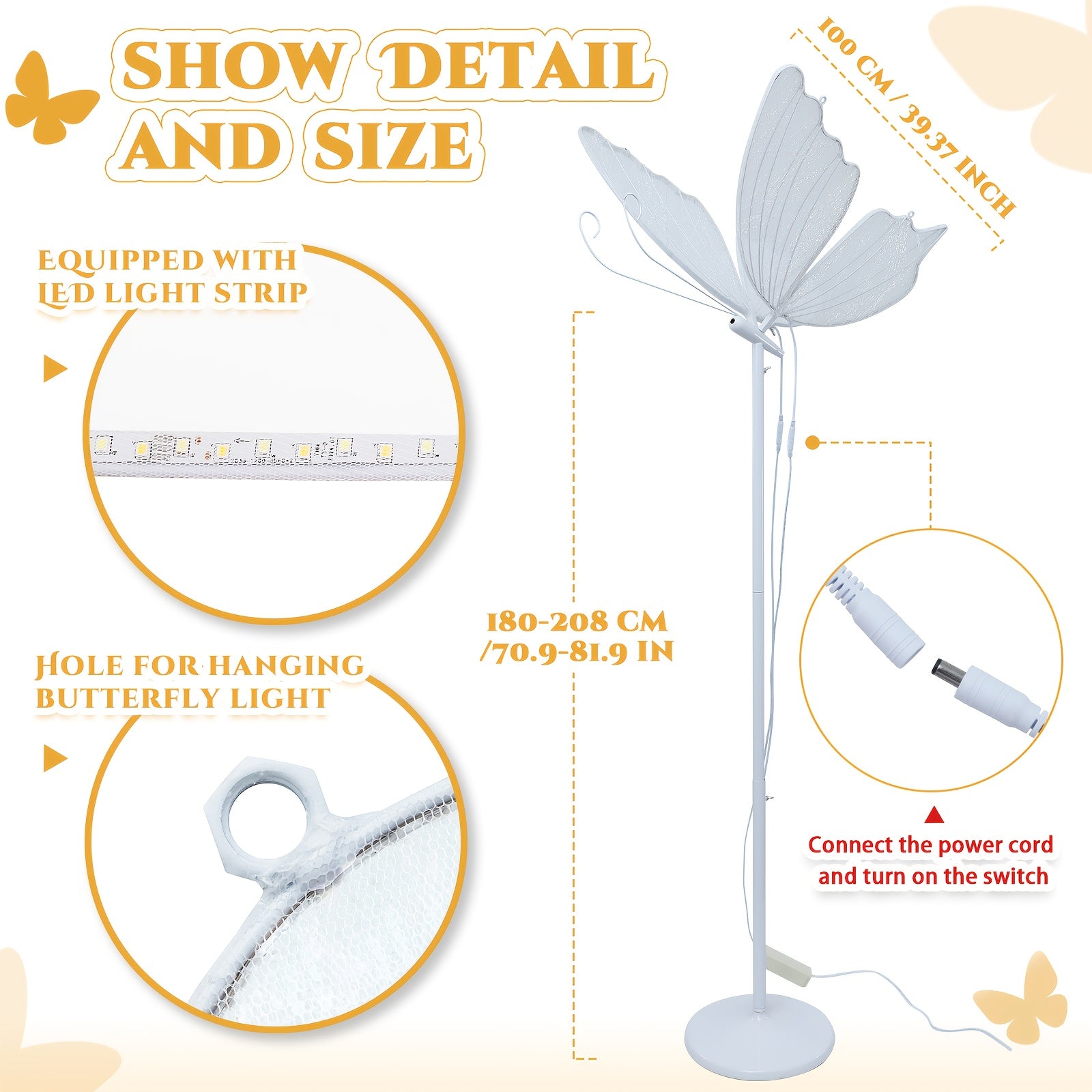 39.3in White Wedding Butterfly LED Floor Lamp Creative Romantic Hanging Wedding Butterfly Christmas Wedding Decoration Props 100cm\u002F39.3in, White