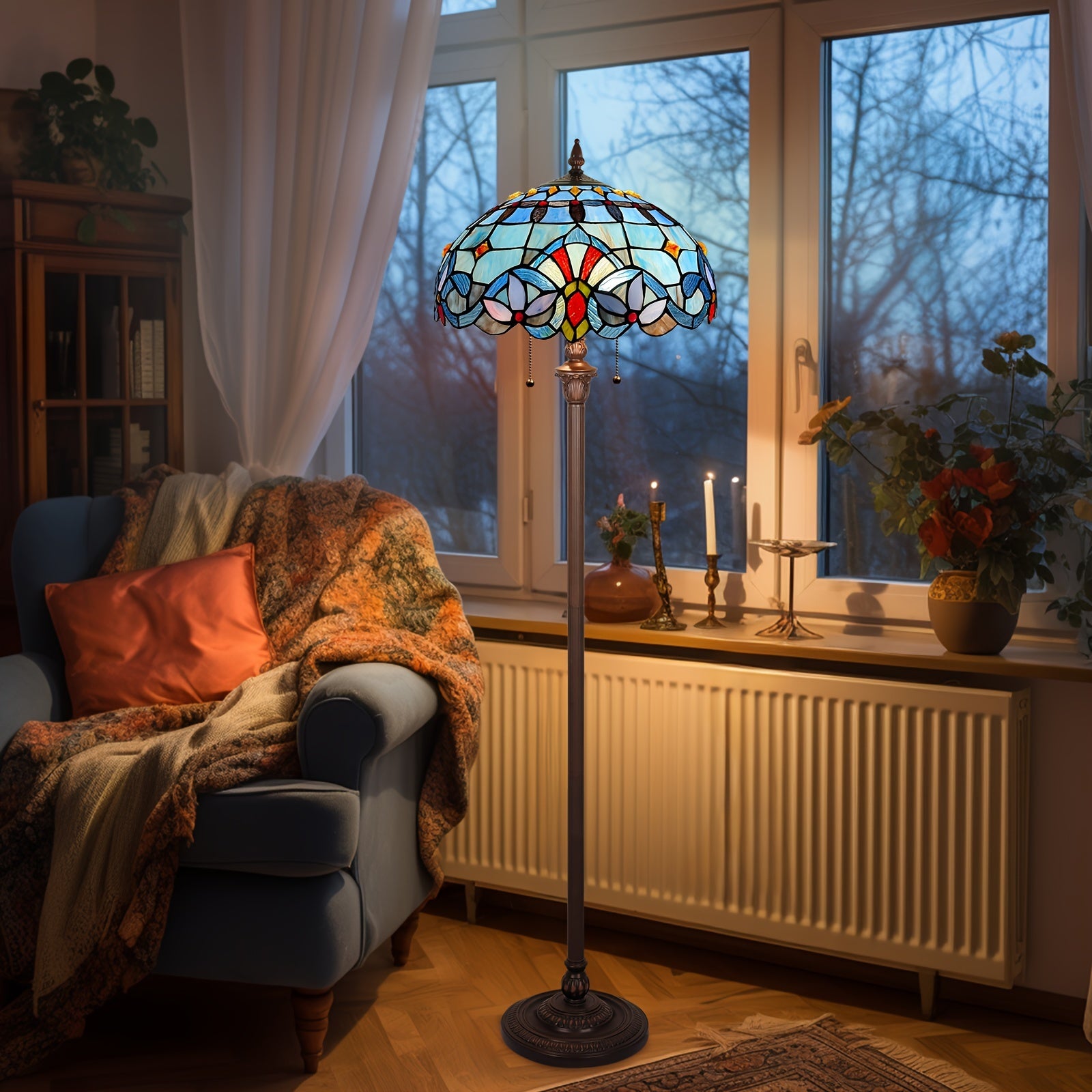 Satined Glass Floor Lamp 16X16X63 Inches Stained Glass Standing Reading Light 2-Light Mission Antique Style Pole Corner Lamp Classic Vintage Standing Lamp With Pull Chain Switch Adjustable Decor Bedroom Living Room Home Office