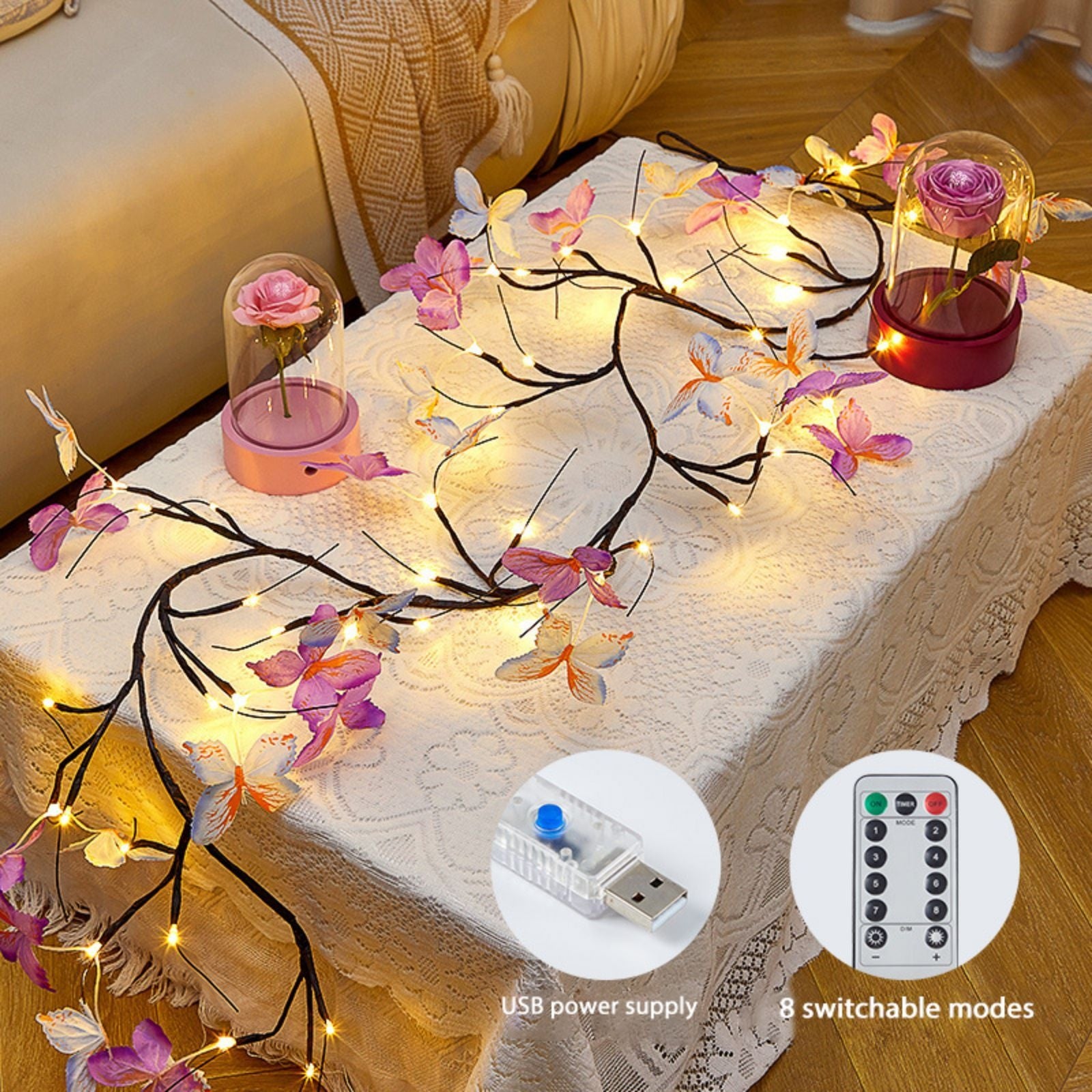 1pc 1.2M 48 Led\u002F1.6M 72 Led Romantic Butterfly Decoration Bendable Modeling Rattan Fairy Lights With Remote Control, Home Wedding Mother'S Day Valentine'S Day Party Bedroom Living Room Wall Decoration Modeling Light, Outdoor Tree Branch Ambient Light