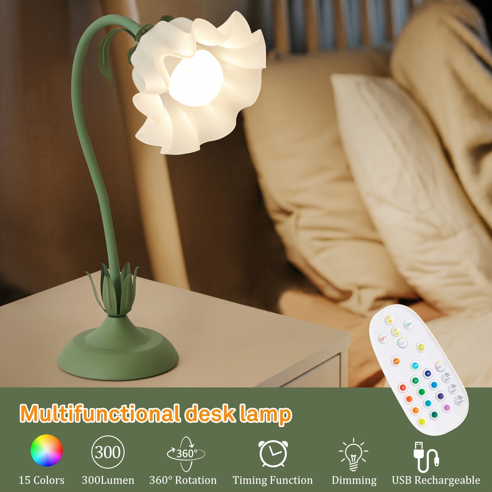 Flower Shape RGB Table Lamp Remote Control, Rechargeable, Adjustable Design For Bedroom, Living Room, Desk, Mood Lighting