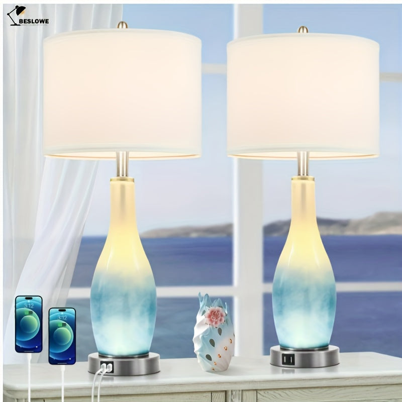 26in Tall Glass Table Lamps Set of 2 with 2 USB Charging Ports & LED Nightlight, Large Coastal Table Lamps for Living Room End Table, Modern Beach Lamps for Bedroom Bedside Nightstand, Blue