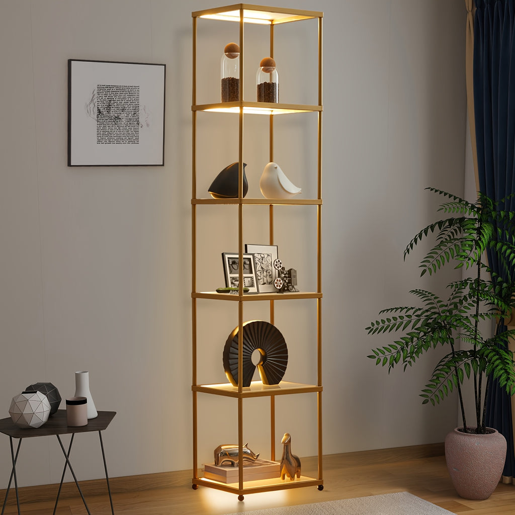 Office Bookshelf Storage, LED Floor Lamp, Golden Bookcase, Lamp Slim Shelving Unit with Tempered Frosted Glass & Dimmable LED Lights