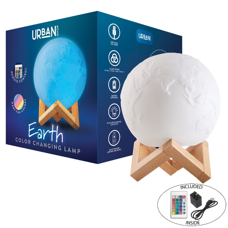 3D Color-Changing LED Earth Moon Lamp with Wood Stand - Smart Lighting with Remote Control, USB-Powered Cordless Operation, White & Black Globe with World Map Design, 7.5'' Height for Bedroom, Living Room, Home Office Decor - Ideal Gift for Housewarming,