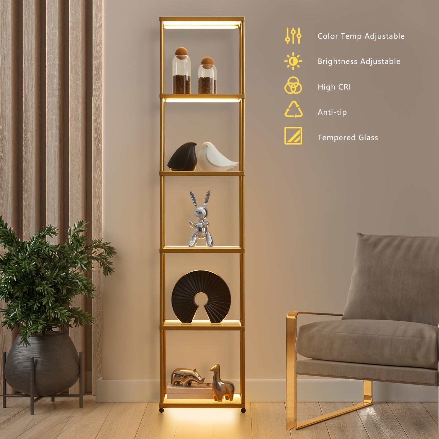 Office Bookshelf Storage, LED Floor Lamp, Golden Bookcase, Lamp Slim Shelving Unit with Tempered Frosted Glass & Dimmable LED Lights